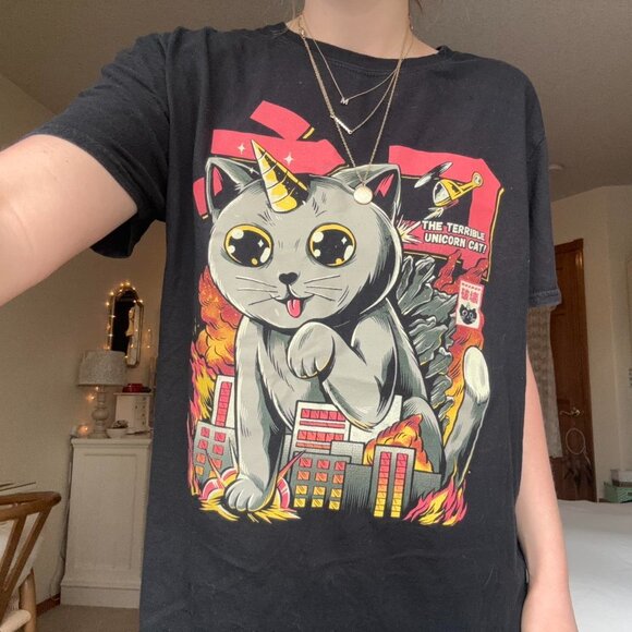 black and pink unicorn cat oversized graphic t shirt - Picture 2 of 8